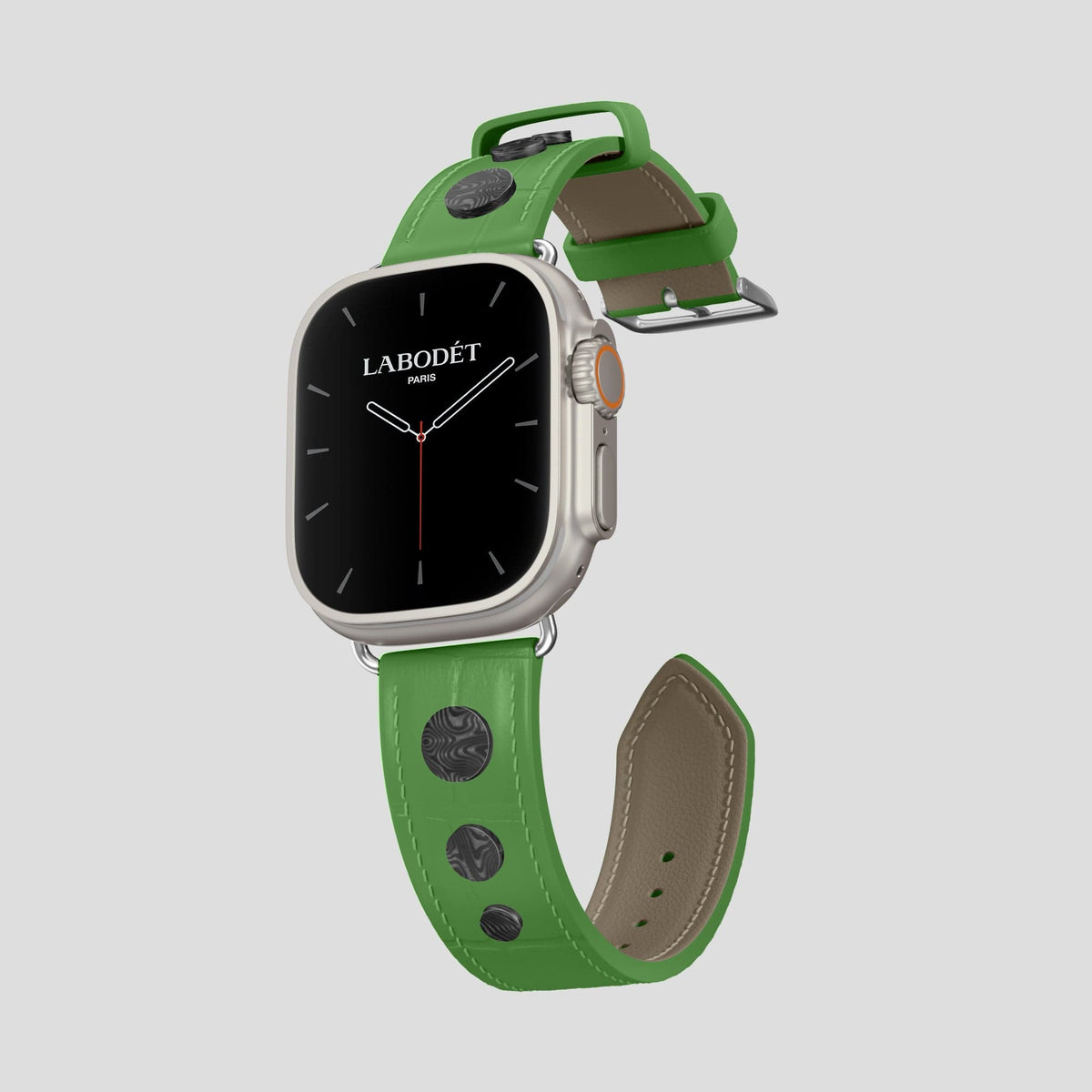 Apple-Green Apple Watch Ultra Classic Strap with Carbon Circlet Alligator with Steel Metal -1 | Apple-Green-Steel
