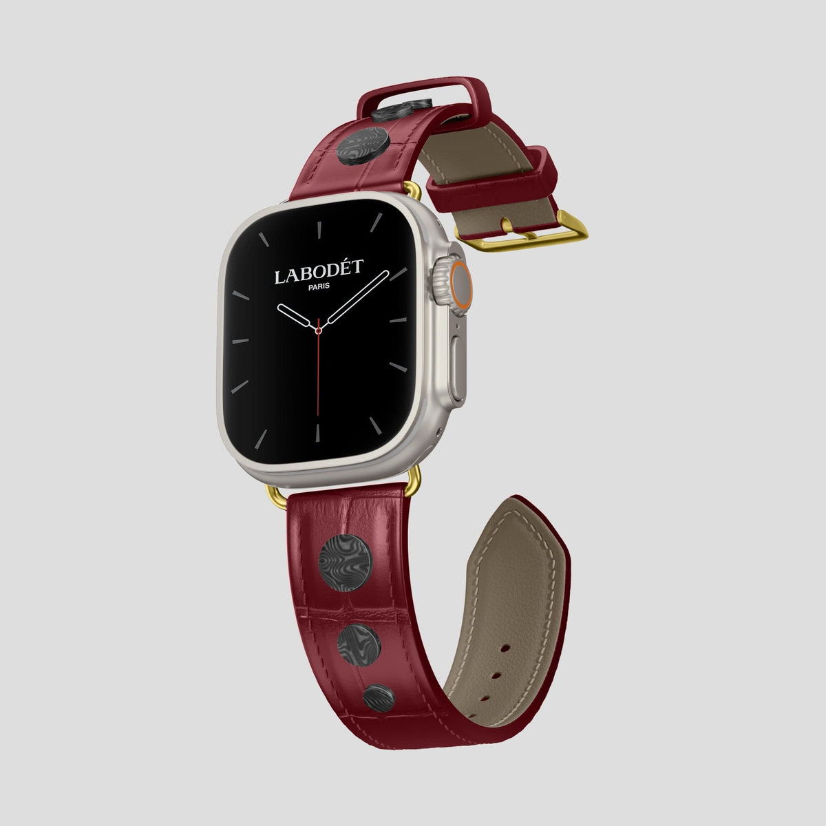 Burgundy Apple Watch Ultra Classic Strap with Carbon Circlet Alligator with Gold Metal -1 | Burgundy-Gold