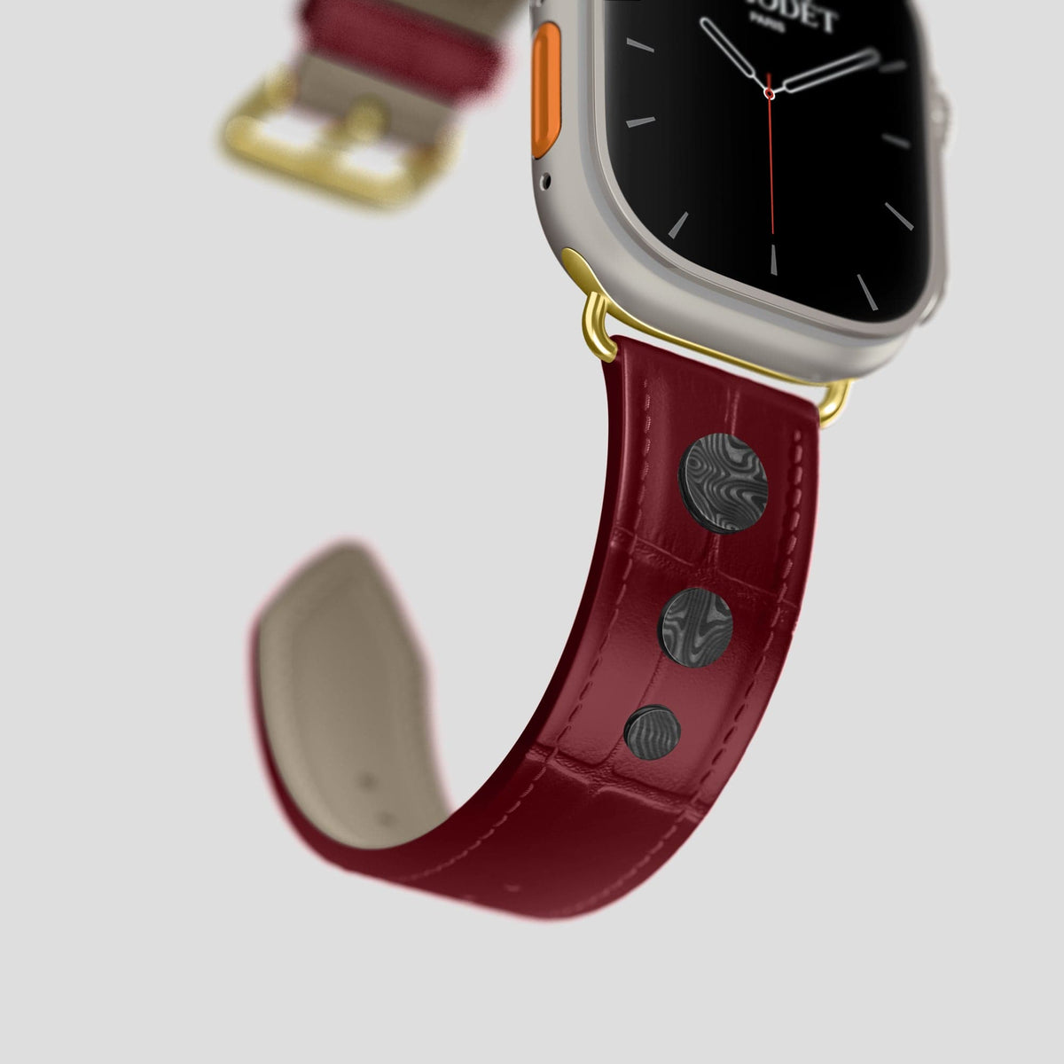 Burgundy Apple Watch Ultra Classic Strap with Carbon Circlet Alligator with Gold Metal -4 | Burgundy-Gold