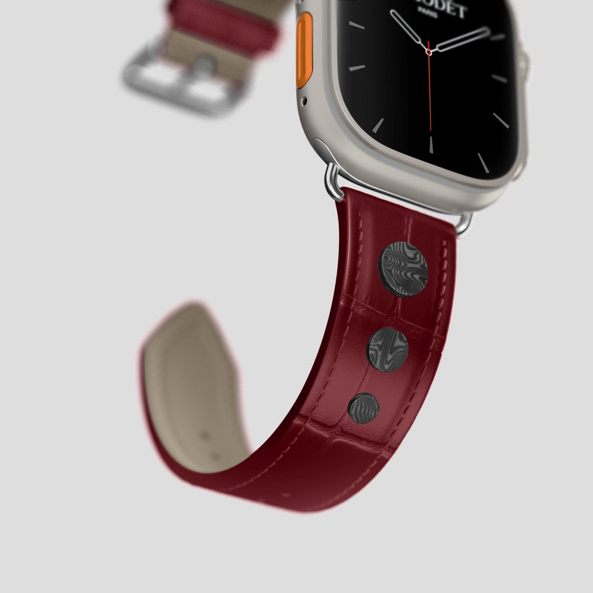 Burgundy Apple Watch Ultra Classic Strap with Carbon Circlet Alligator with Steel Metal -4 | Burgundy-Steel