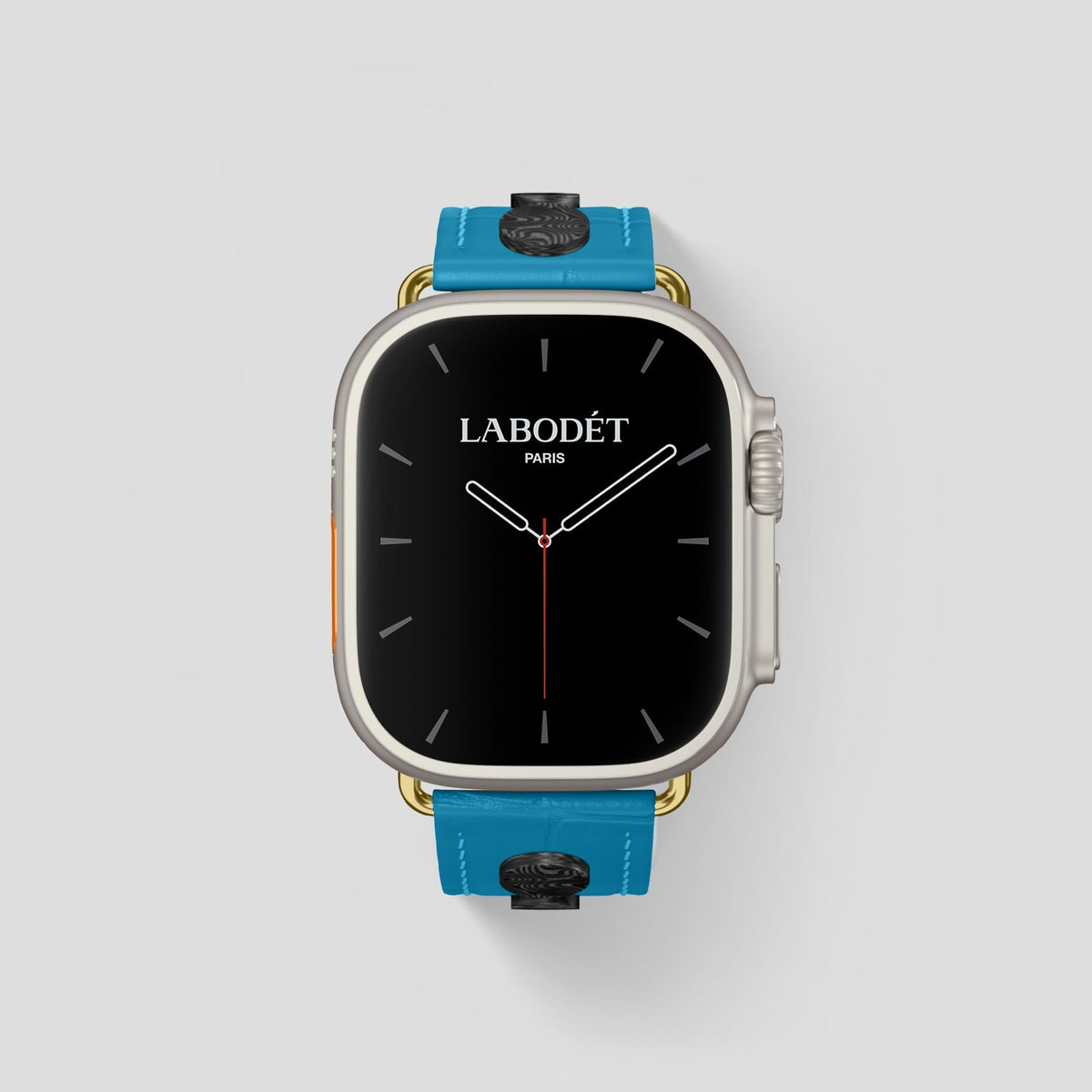 Curaçao-Blue Apple Watch Ultra Classic Strap with Carbon Circlet Alligator with Gold Metal -2 | Curaçao-Blue-Gold