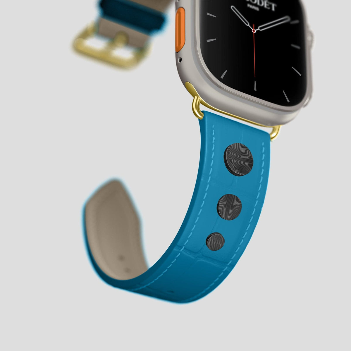 Curaçao-Blue Apple Watch Ultra Classic Strap with Carbon Circlet Alligator with Gold Metal -4 | Curaçao-Blue-Gold