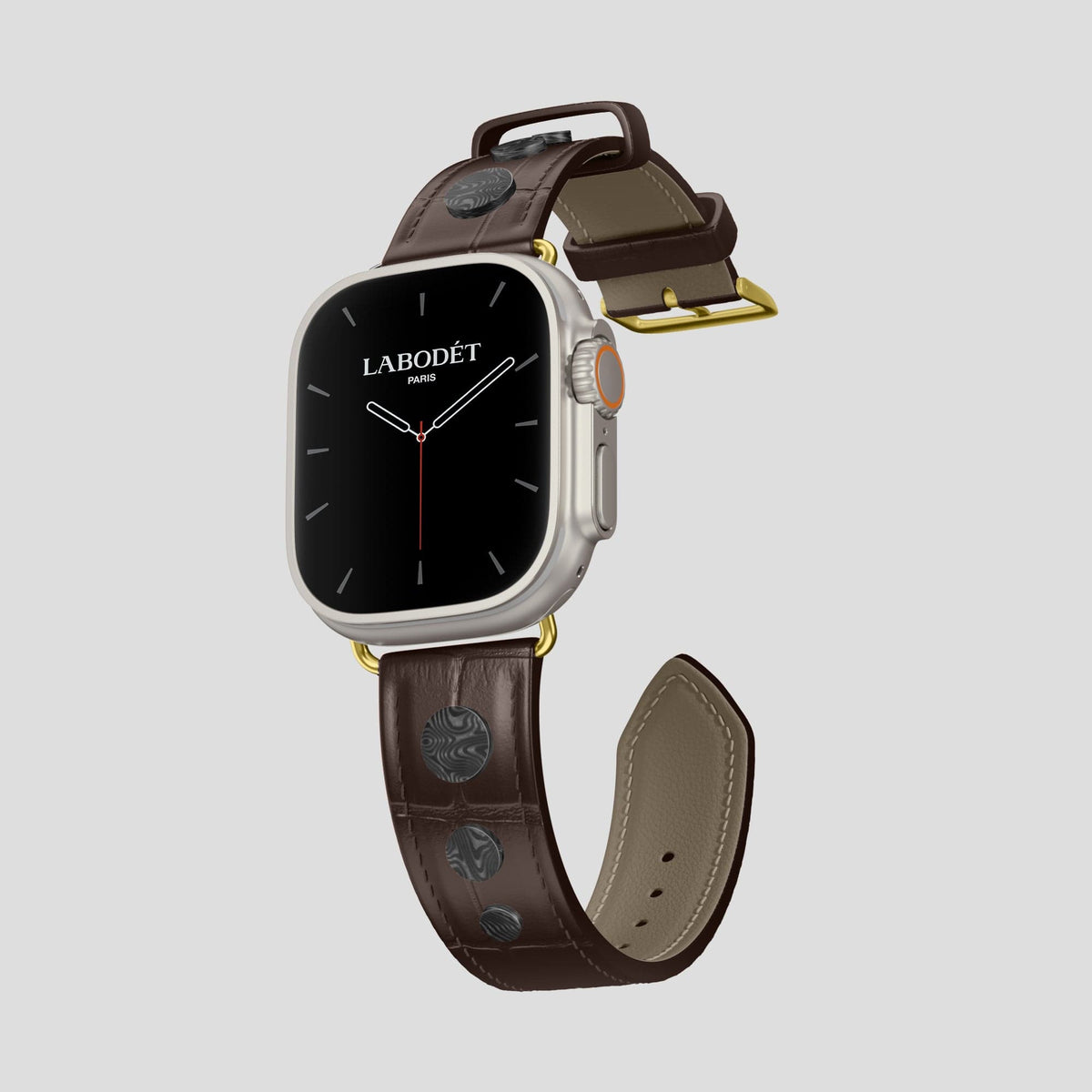 Dark Brown Apple Watch Ultra Classic Strap with Carbon Circlet Alligator with Gold Metal -1 | Dark-Brown-Gold