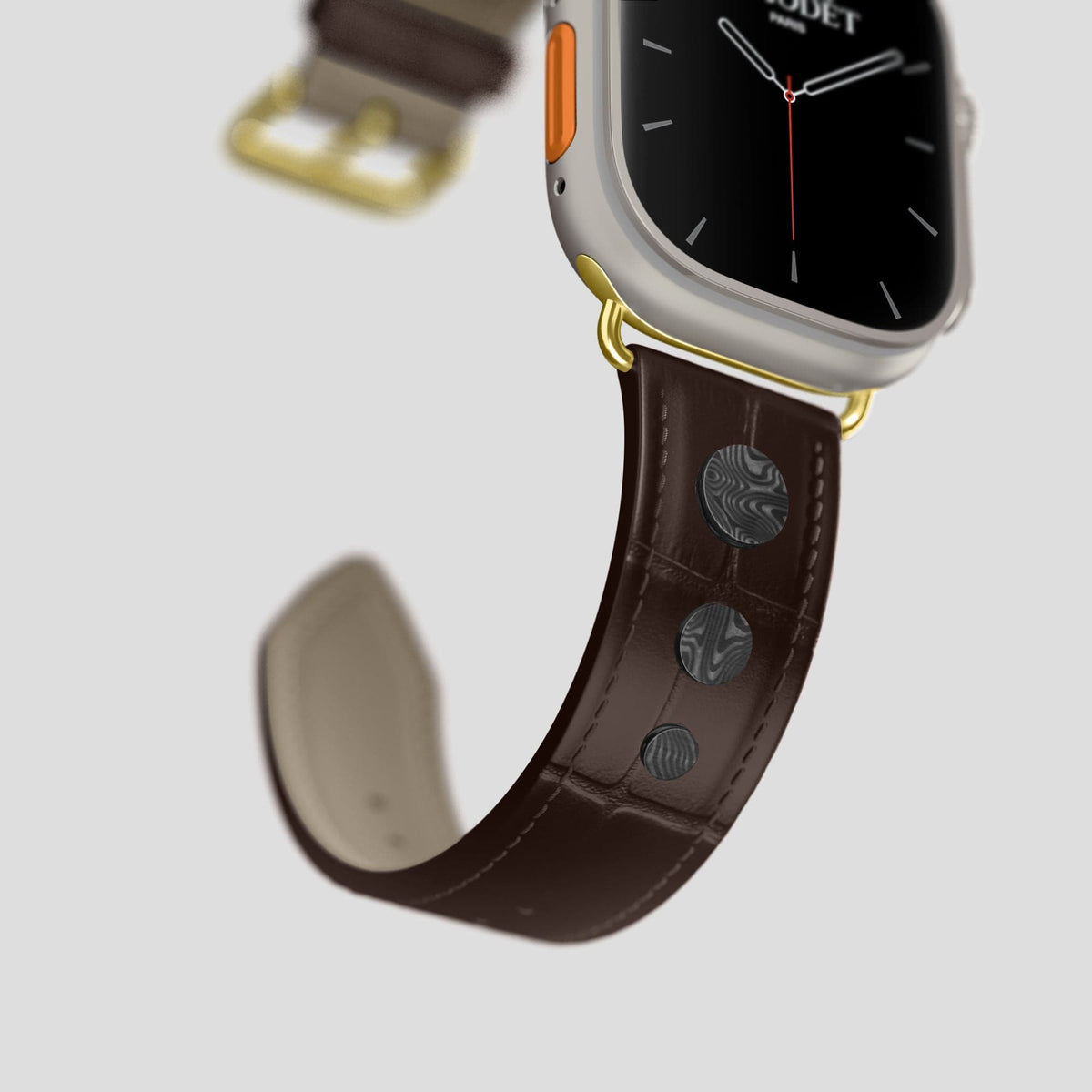 Dark Brown Apple Watch Ultra Classic Strap with Carbon Circlet Alligator with Gold Metal -4 | Dark-Brown-Gold