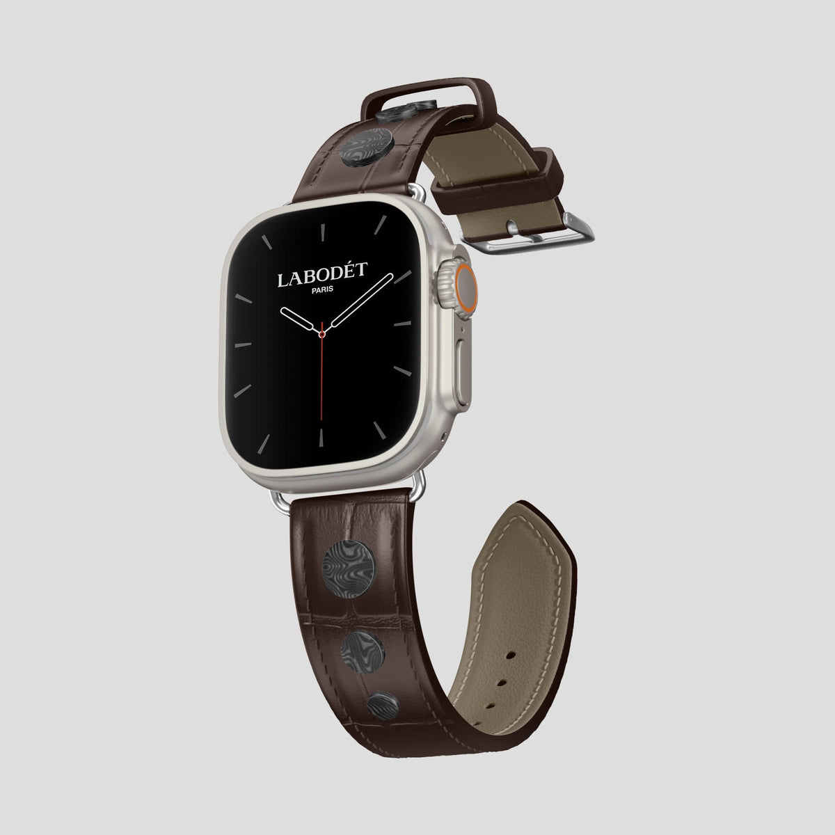 Dark Brown Apple Watch Ultra Classic Strap with Carbon Circlet Alligator with Steel Metal -1 | Dark-Brown-Steel