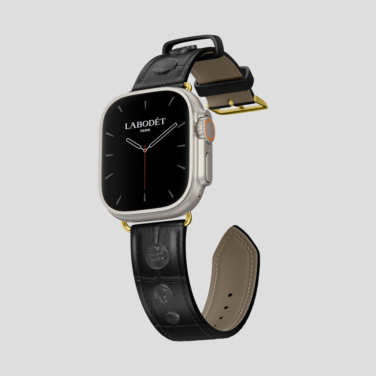Black Apple Watch Ultra Classic Strap with Carbon Circlet Alligator with Gold Metal -1 | Black-Gold
