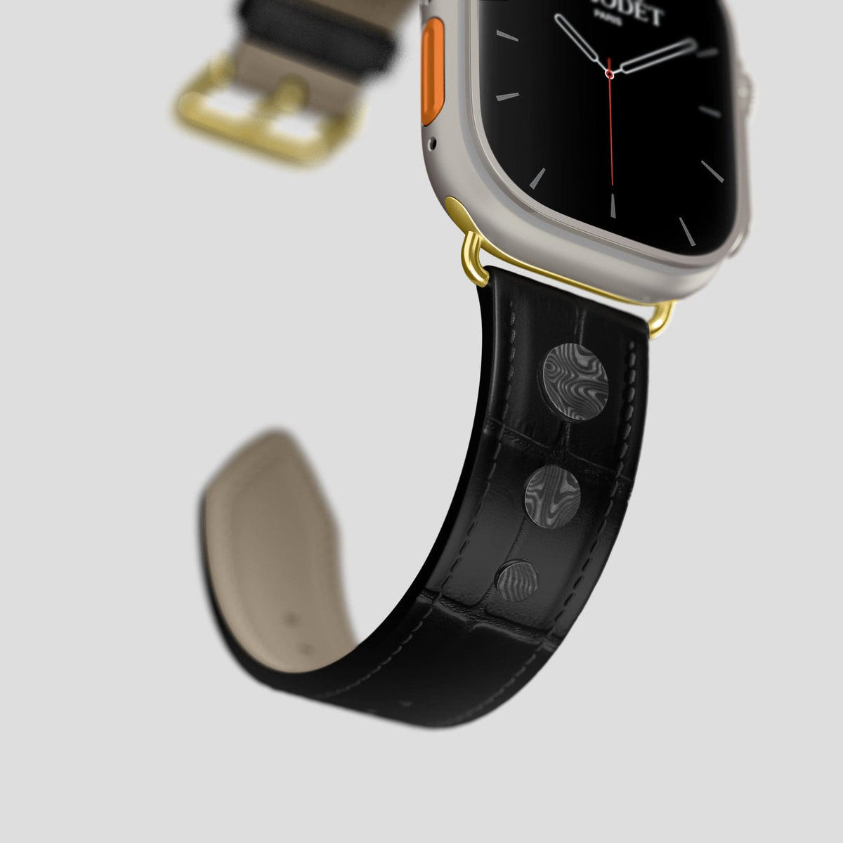 Black Apple Watch Ultra Classic Strap with Carbon Circlet Alligator with Gold Metal -4 | Black-Gold