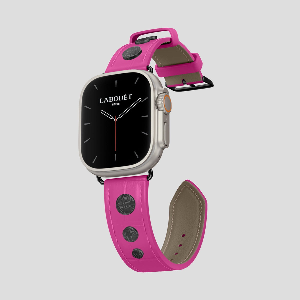 Fuchsia Apple Watch Ultra Classic Strap with Carbon Circlet Alligator with Black Metal -1 | Fuchsia-Black