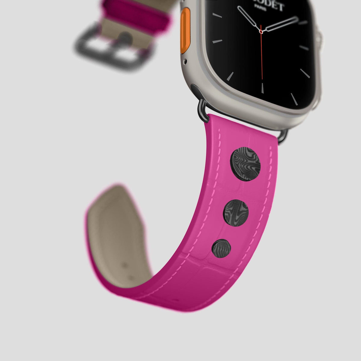 Fuchsia Apple Watch Ultra Classic Strap with Carbon Circlet Alligator with Black Metal -4 | Fuchsia-Black
