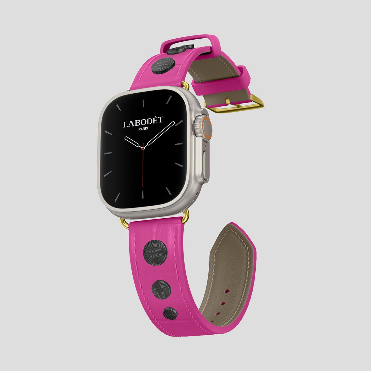 Fuchsia Apple Watch Ultra Classic Strap with Carbon Circlet Alligator with Gold Metal -1 | Fuchsia-Gold