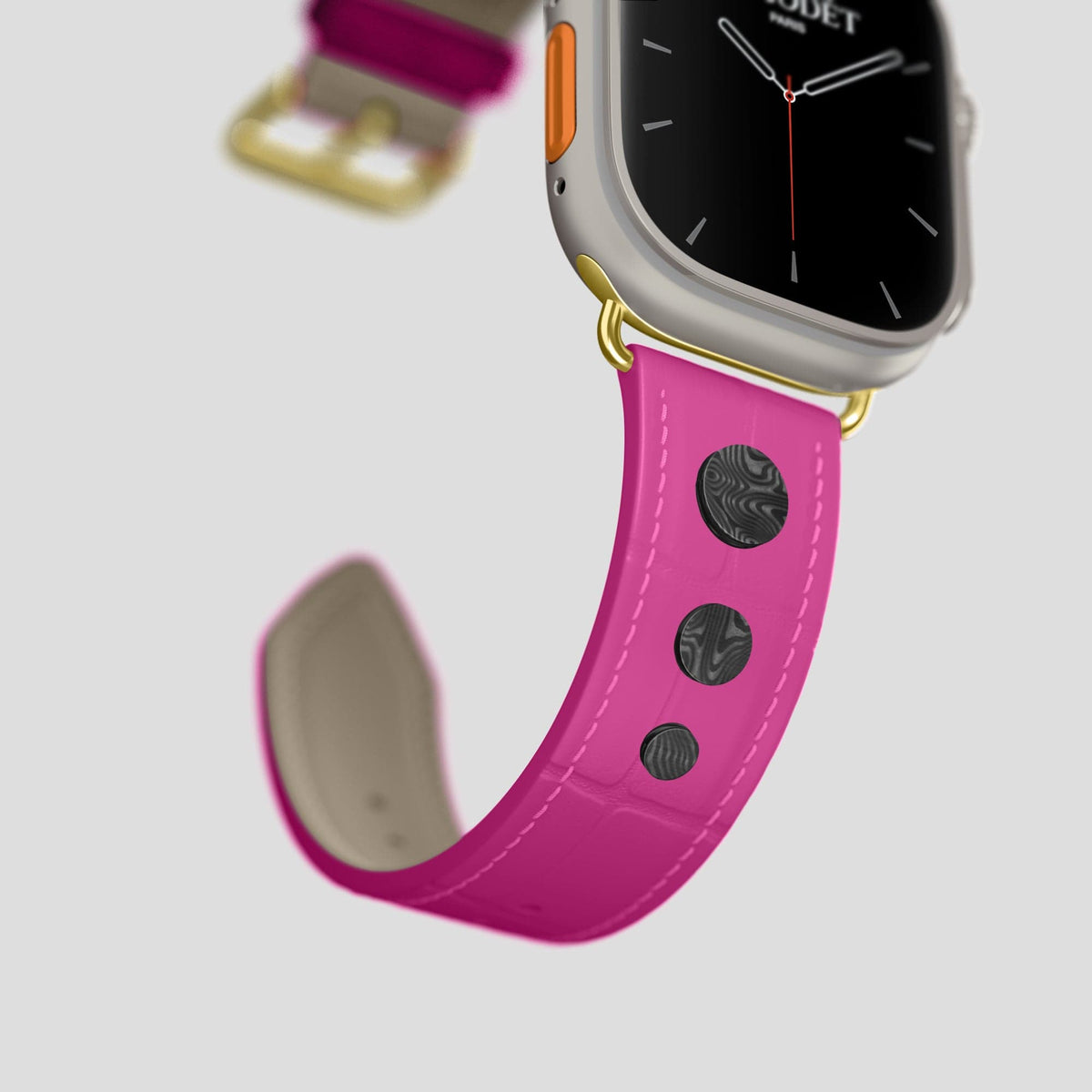 Fuchsia Apple Watch Ultra Classic Strap with Carbon Circlet Alligator with Gold Metal -4 | Fuchsia-Gold