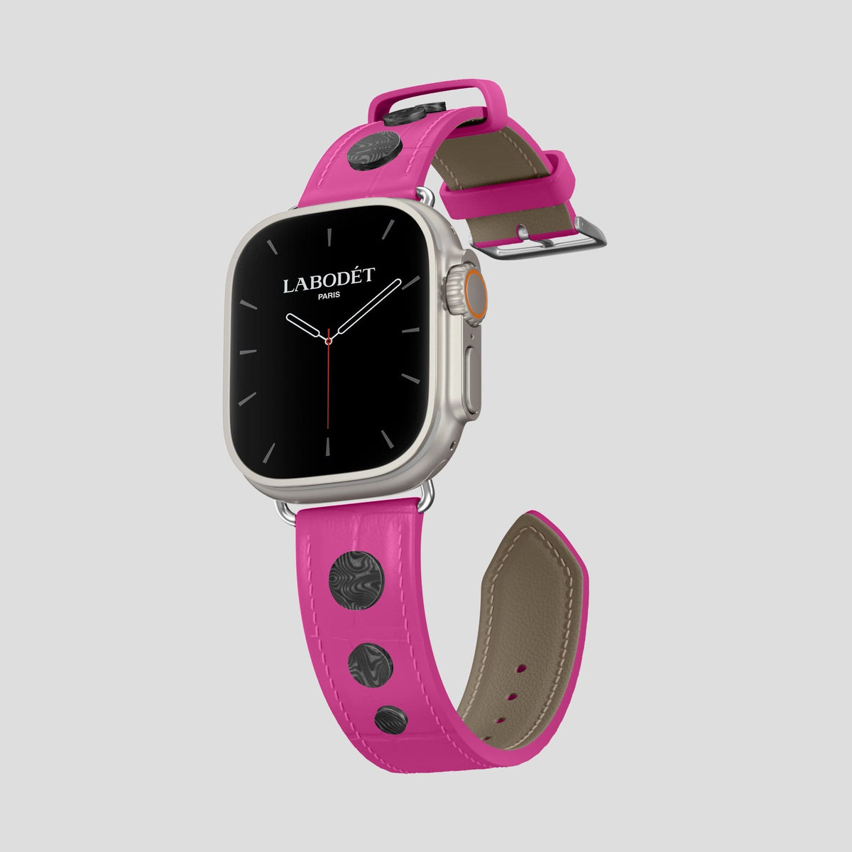 Fuchsia Apple Watch Ultra Classic Strap with Carbon Circlet Alligator with Steel Metal -1 | Fuchsia-Steel