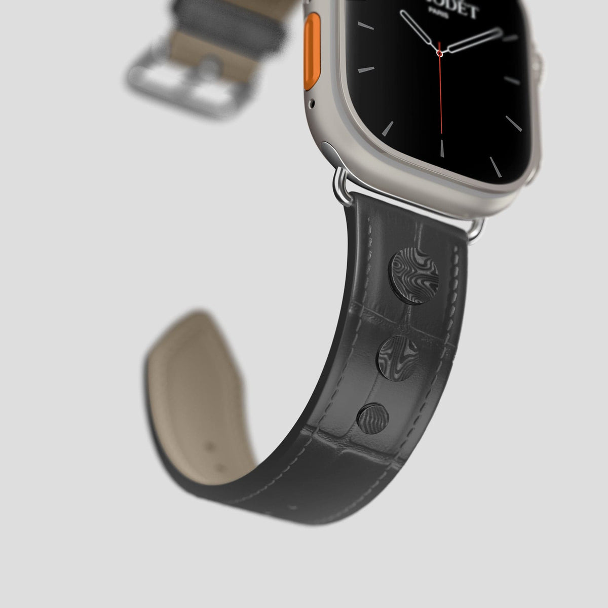 Grey Apple Watch Ultra Classic Strap with Carbon Circlet Alligator with Steel Metal -4 | Grey-Steel