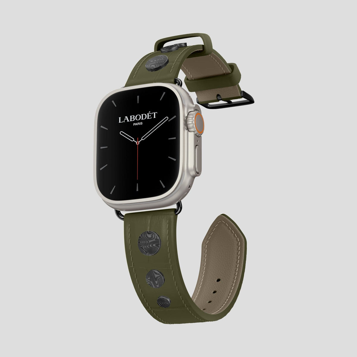 Kaki-Green Apple Watch Ultra Classic Strap with Carbon Circlet Alligator with Black Metal -1 | Kaki-Green-Black