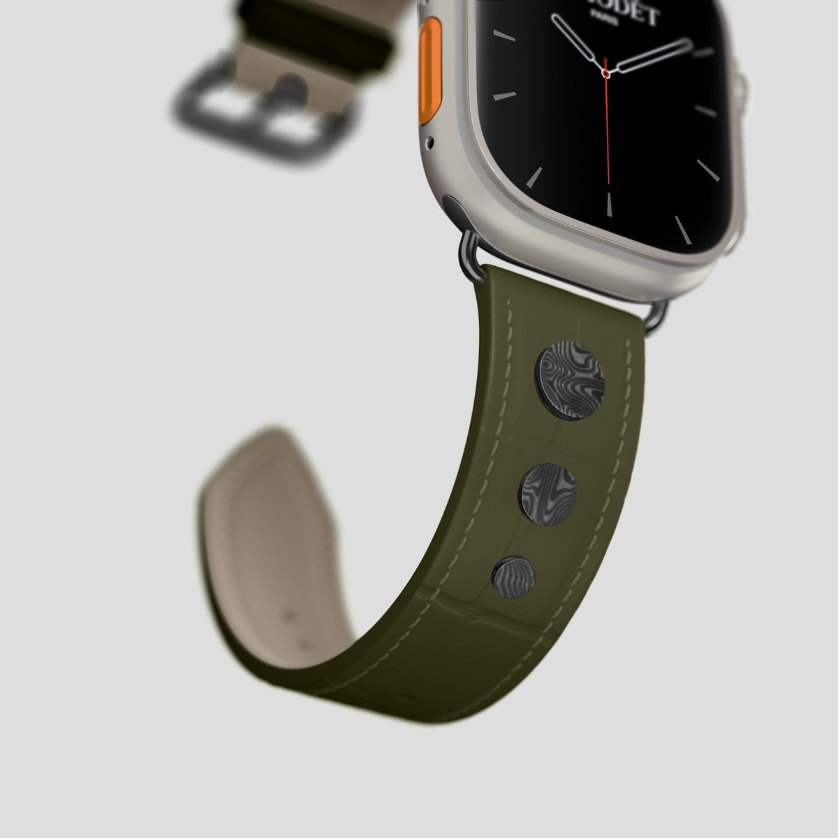 Kaki-Green Apple Watch Ultra Classic Strap with Carbon Circlet Alligator with Black Metal -4 | Kaki-Green-Black