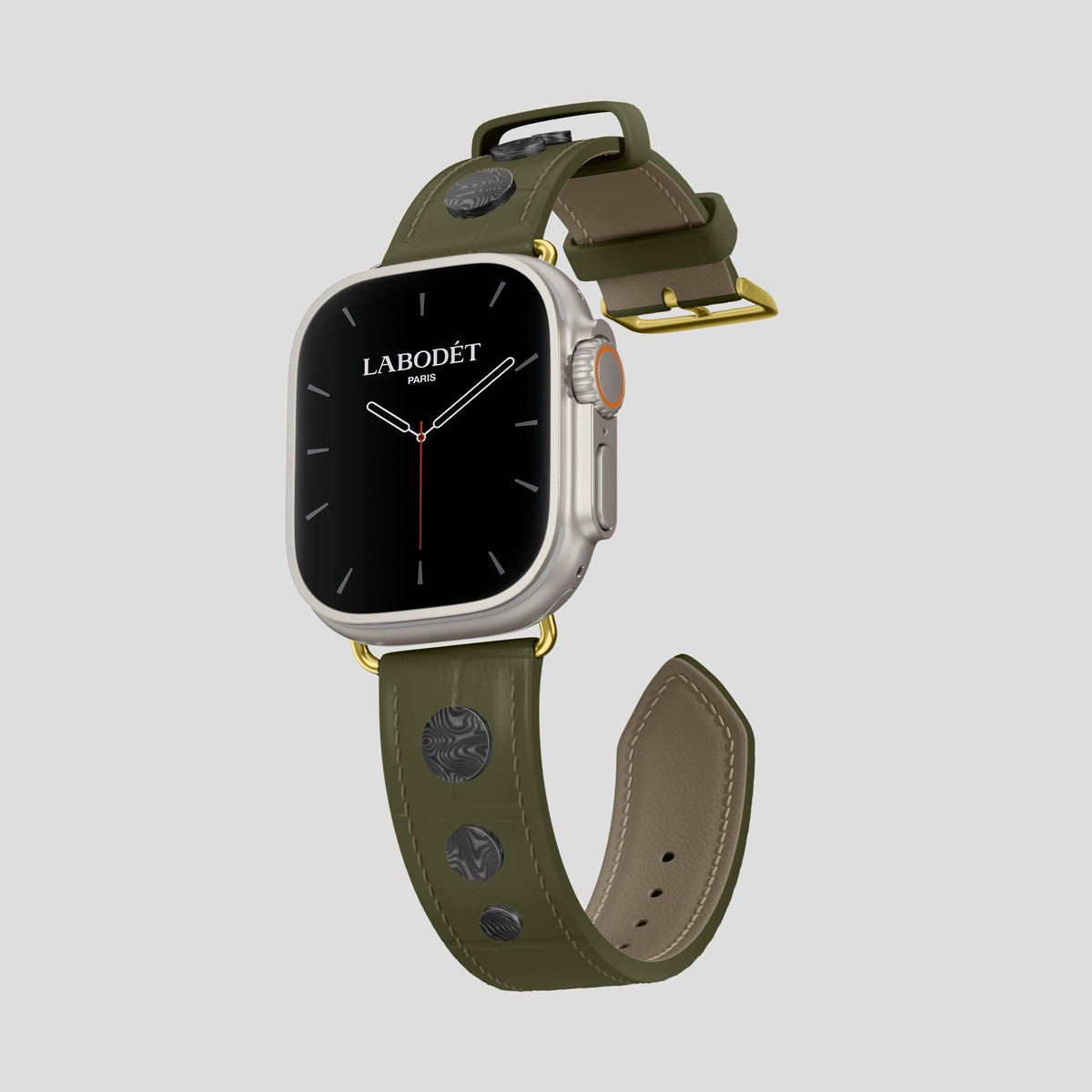 Kaki-Green Apple Watch Ultra Classic Strap with Carbon Circlet Alligator with Gold Metal -1 | Kaki-Green-Gold