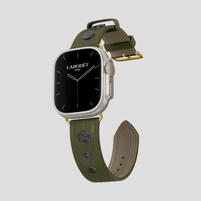 Kaki-Green Apple Watch Ultra Classic Strap with Carbon Circlet Alligator with Gold Metal -1 | Kaki-Green-Gold