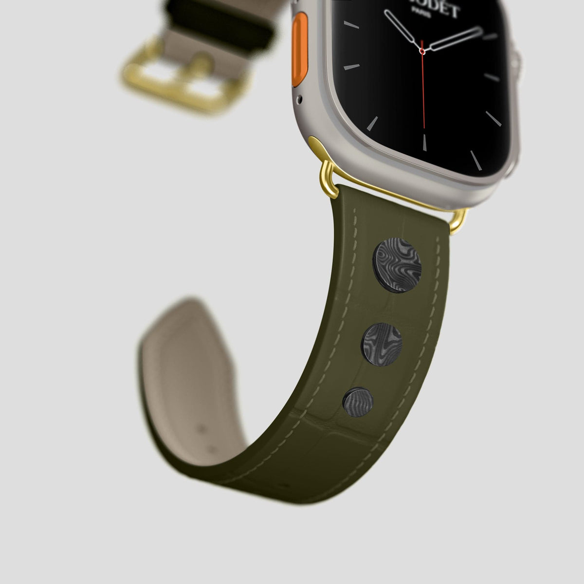 Kaki-Green Apple Watch Ultra Classic Strap with Carbon Circlet Alligator with Gold Metal -4 | Kaki-Green-Gold