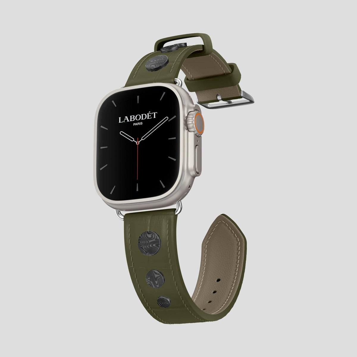 Kaki-Green Apple Watch Ultra Classic Strap with Carbon Circlet Alligator with Steel Metal -1 | Kaki-Green-Steel