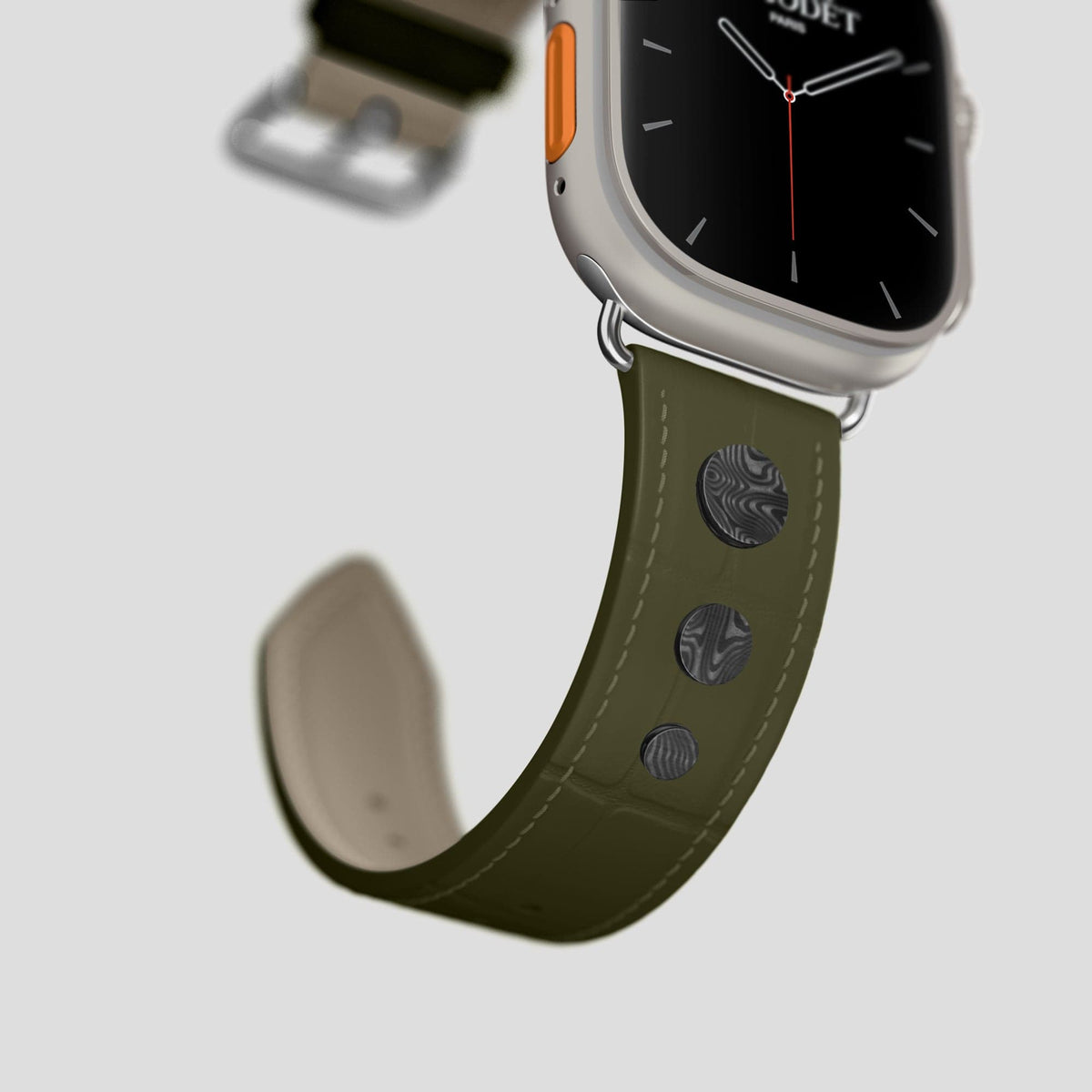 Kaki-Green Apple Watch Ultra Classic Strap with Carbon Circlet Alligator with Steel Metal -4 | Kaki-Green-Steel