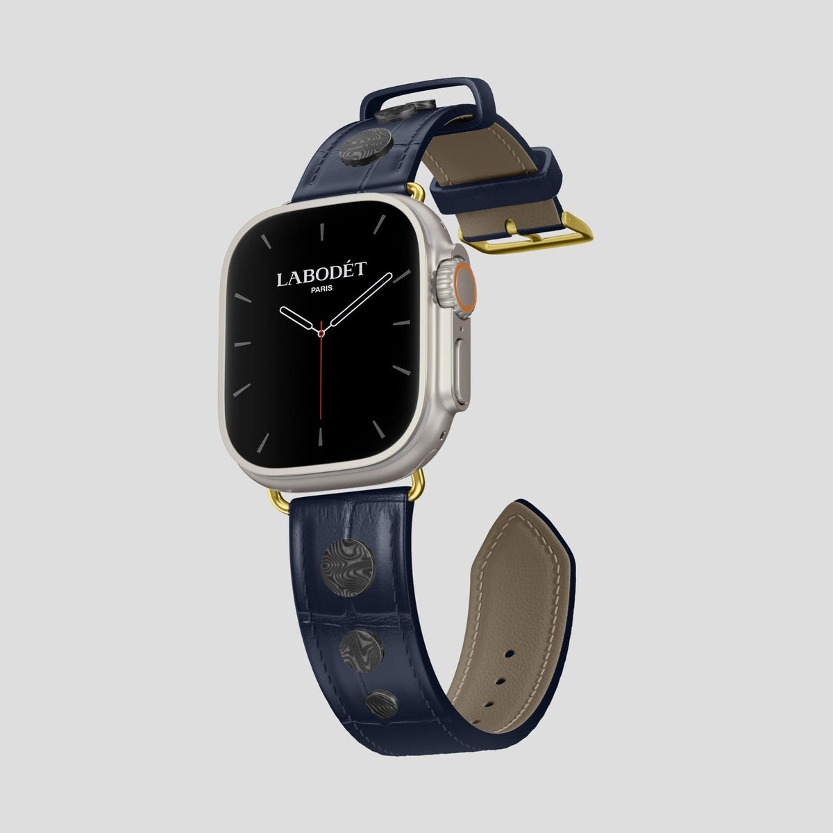 Navy Blue Apple Watch Ultra Classic Strap with Carbon Circlet Alligator with Gold Metal -1 | Navy-Blue-Gold