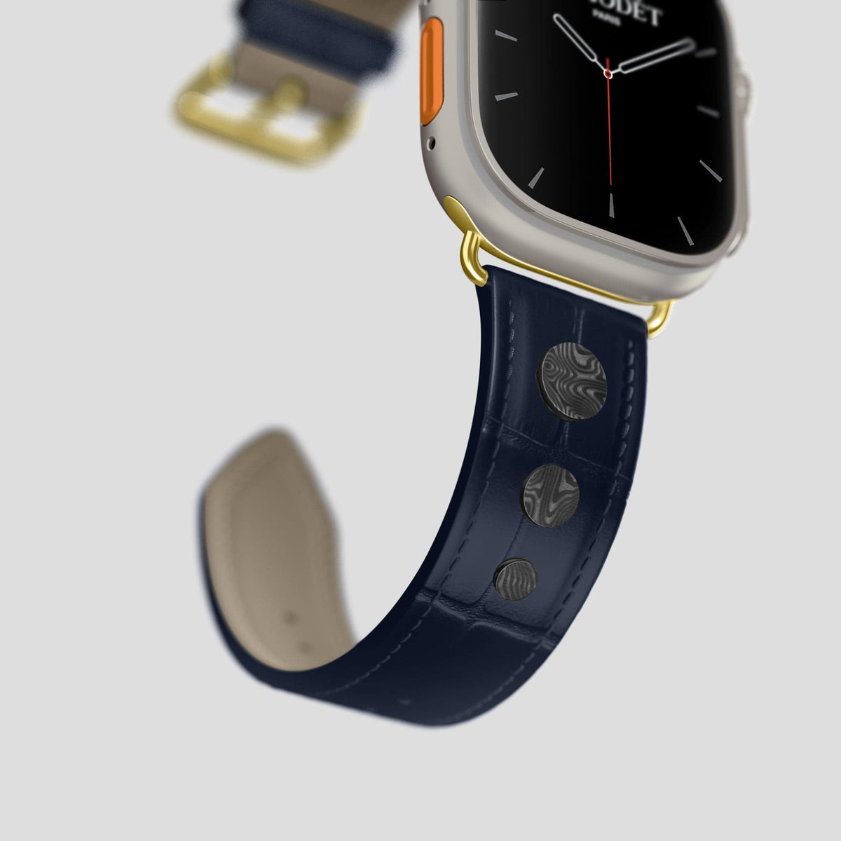 Navy Blue Apple Watch Ultra Classic Strap with Carbon Circlet Alligator with Gold Metal -4 | Navy-Blue-Gold