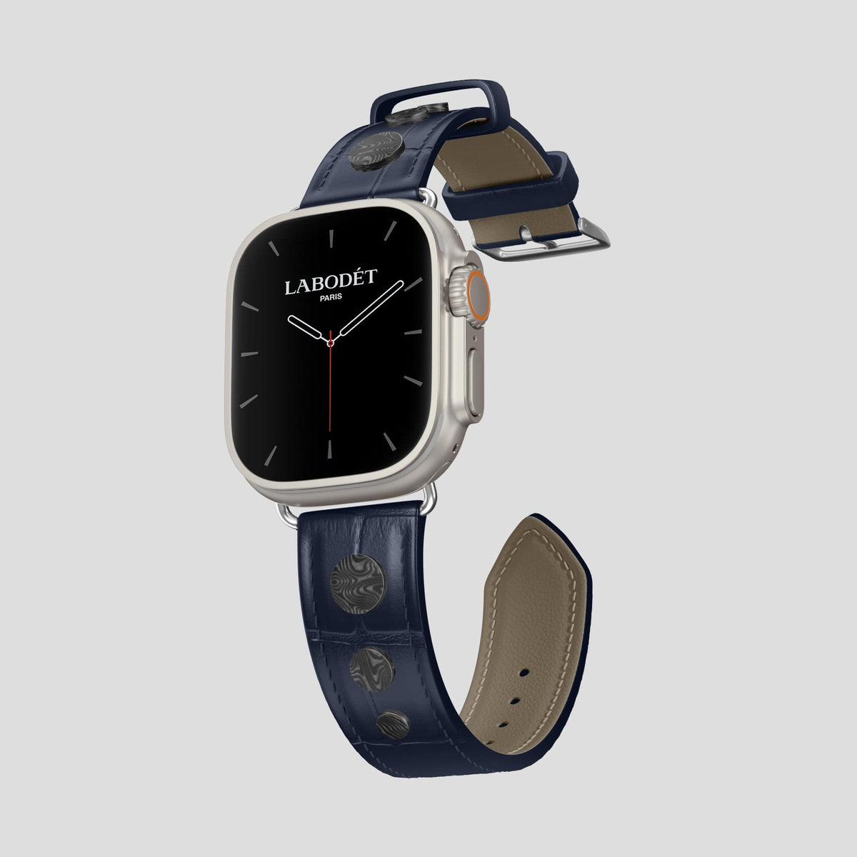Navy Blue Apple Watch Ultra Classic Strap with Carbon Circlet Alligator with Steel Metal -1 | Navy-Blue-Steel