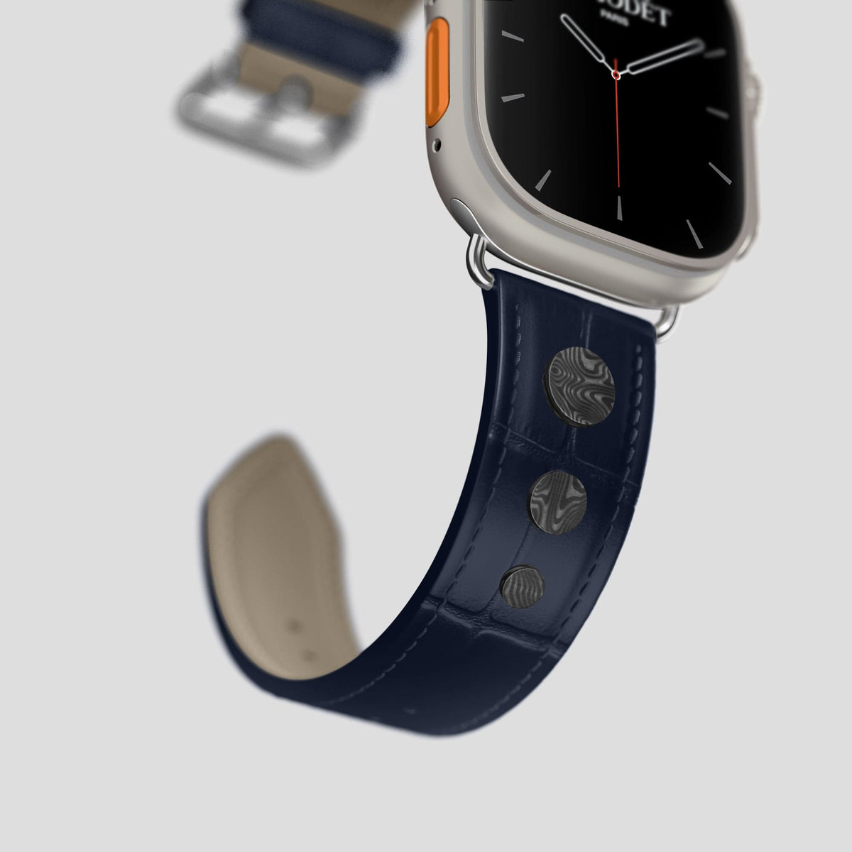 Navy Blue Apple Watch Ultra Classic Strap with Carbon Circlet Alligator with Steel Metal -4 | Navy-Blue-Steel