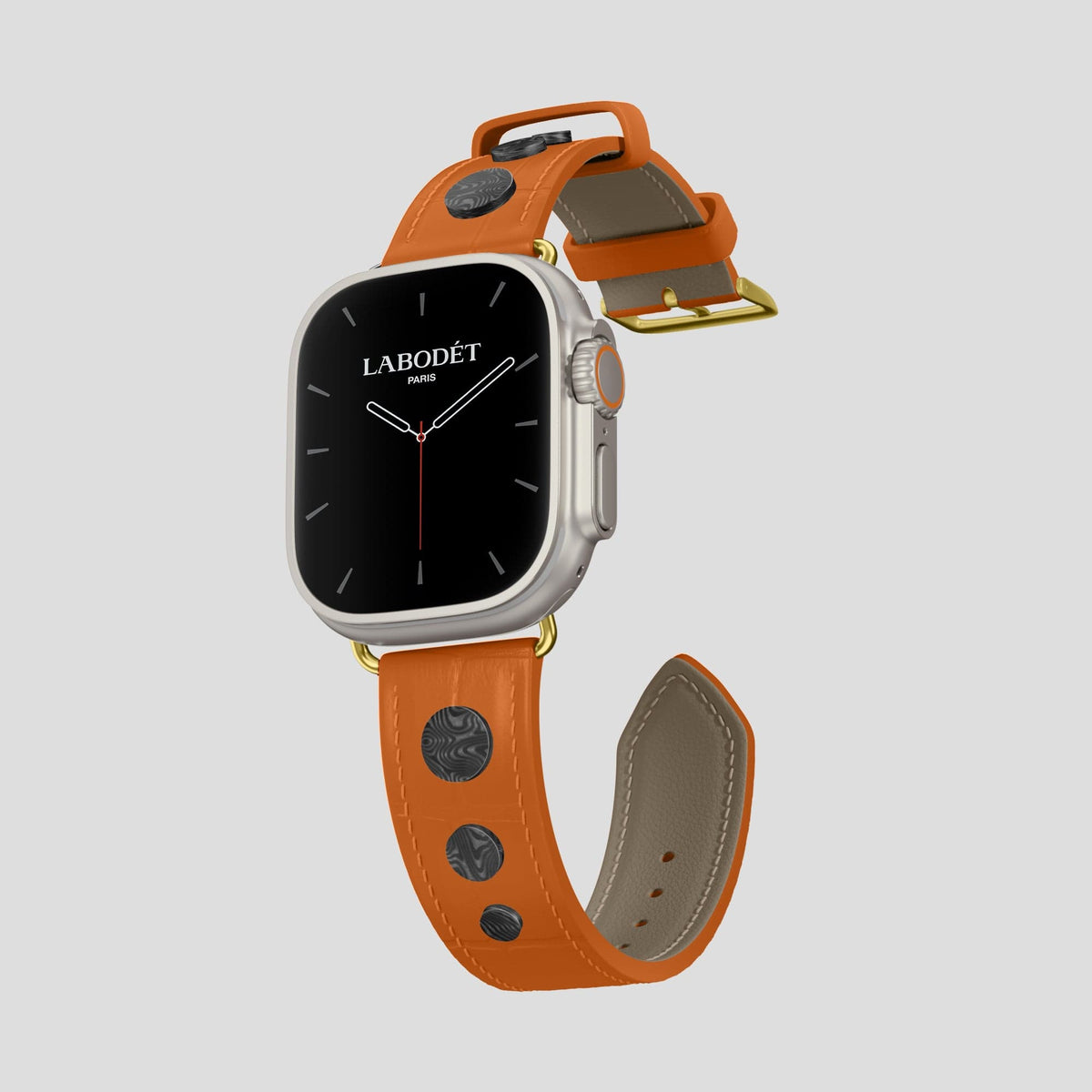 Orange Apple Watch Ultra Classic Strap with Carbon Circlet Alligator with Gold Metal -1 | Orange-Gold