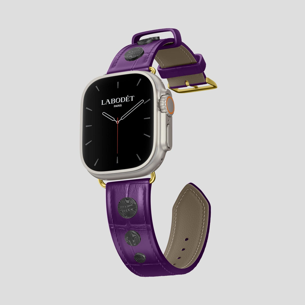 Purple Apple Watch Ultra Classic Strap with Carbon Circlet Alligator with Gold Metal -1 | Purple-Gold