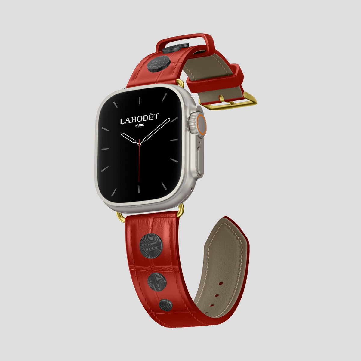 Red Apple Watch Ultra Classic Strap with Carbon Circlet Alligator with Gold Metal -1 | Red-Gold