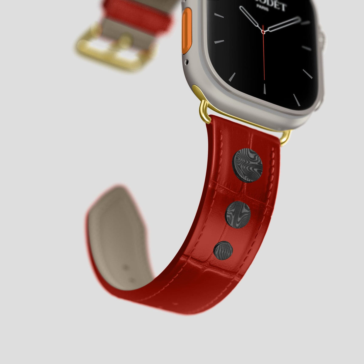 Red Apple Watch Ultra Classic Strap with Carbon Circlet Alligator with Gold Metal -4 | Red-Gold