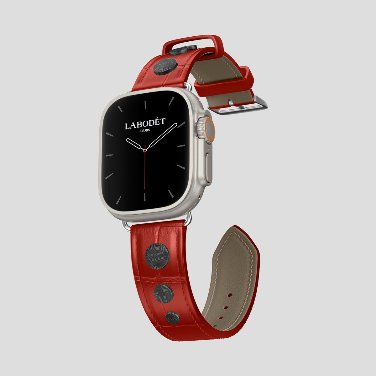 Red Apple Watch Ultra Classic Strap with Carbon Circlet Alligator with Steel Metal -1 | Red-Steel