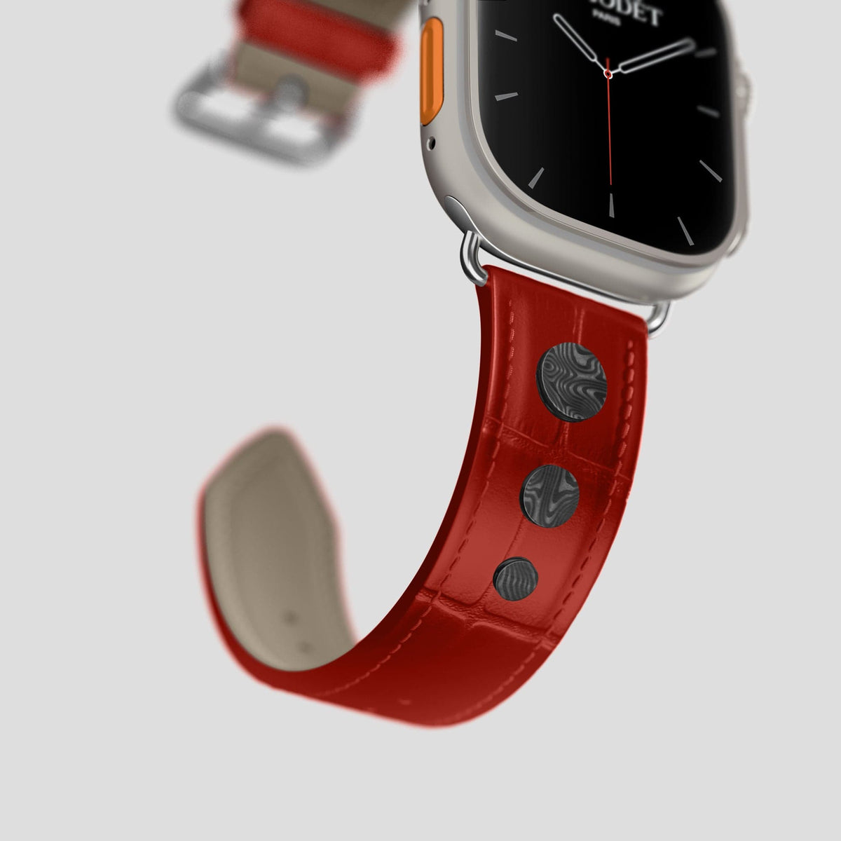 Red Apple Watch Ultra Classic Strap with Carbon Circlet Alligator with Steel Metal -4 | Red-Steel