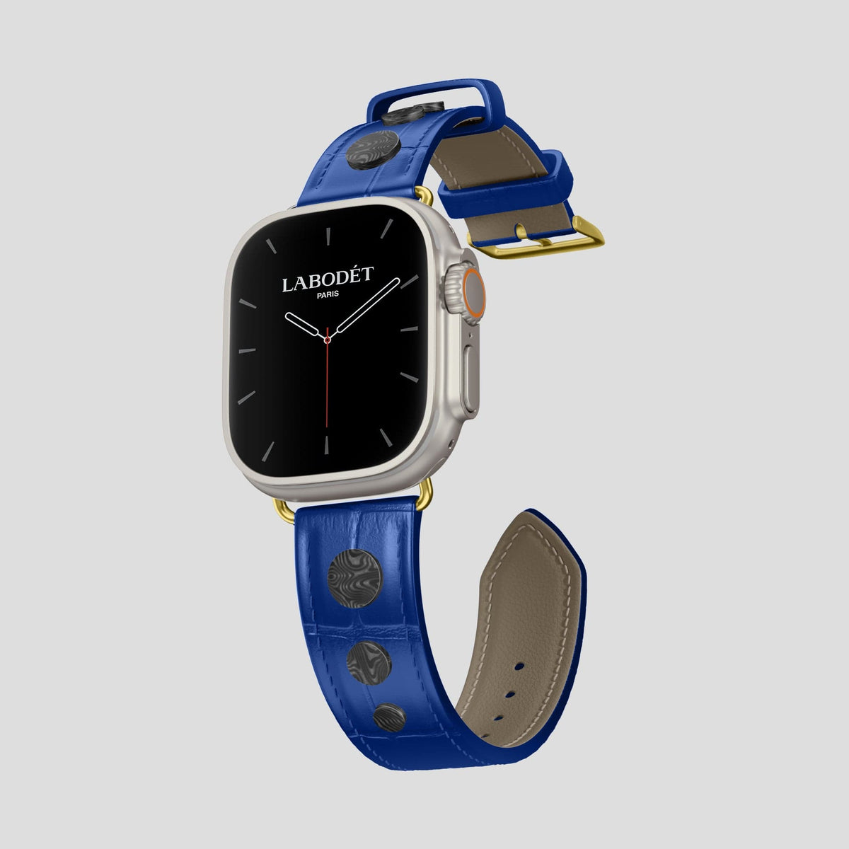 Royal Blue Apple Watch Ultra Classic Strap with Carbon Circlet Alligator with Gold Metal -1 | Royal-Blue-Gold