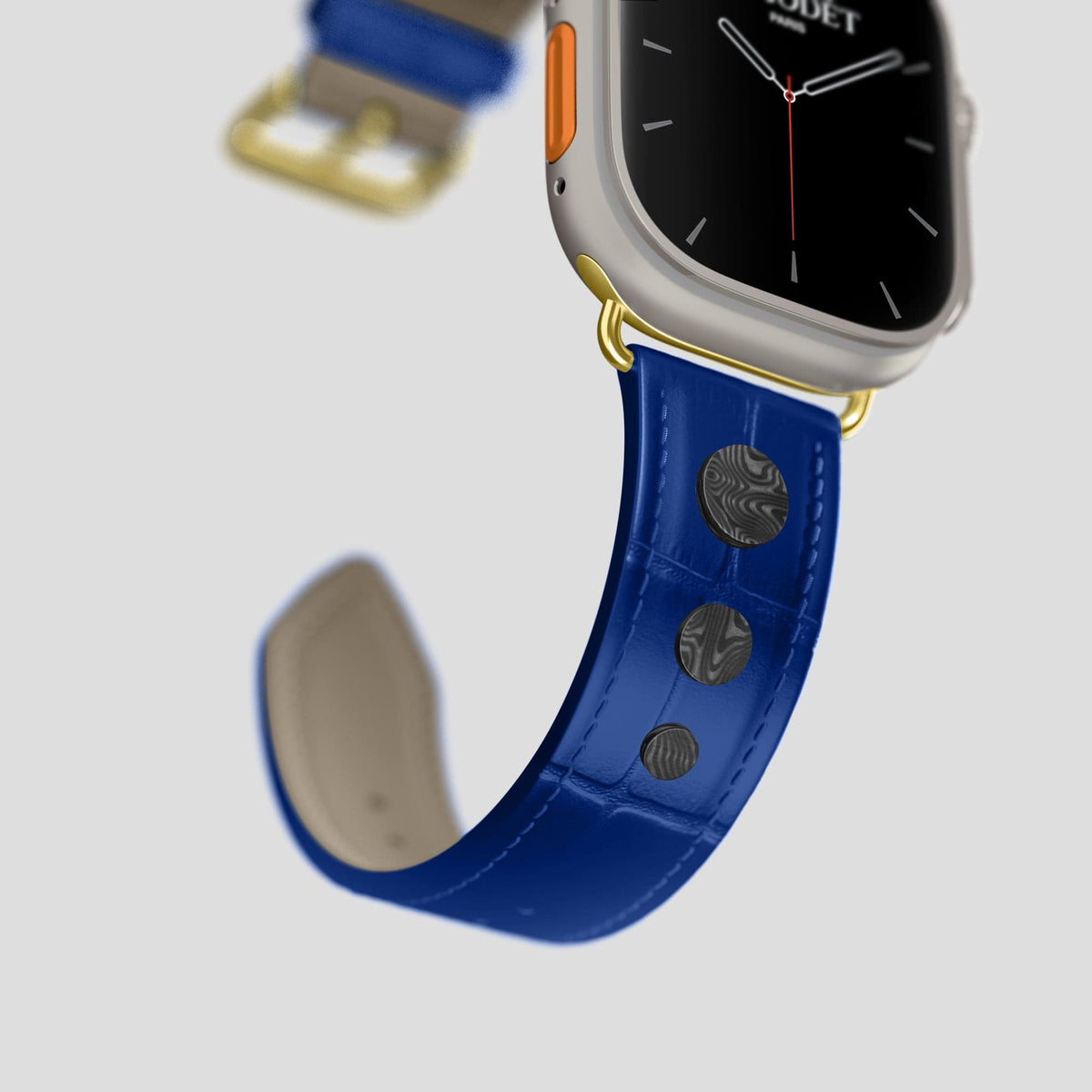 Royal Blue Apple Watch Ultra Classic Strap with Carbon Circlet Alligator with Gold Metal -4 | Royal-Blue-Gold