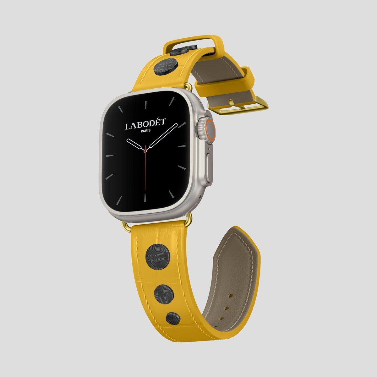 Yellow Apple Watch Ultra Classic Strap with Carbon Circlet Alligator with Gold Metal -1 | Yellow-Gold