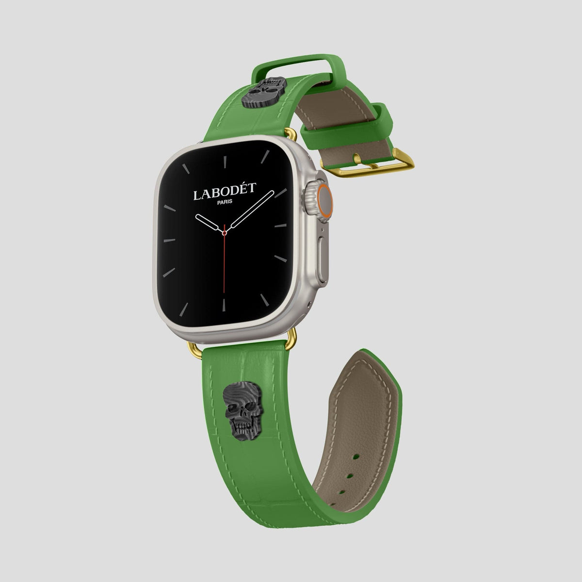 Apple-Green Apple Watch Ultra Classic Strap with Carbon Skull Alligator with Gold Metal -1 | Apple-Green-Gold
