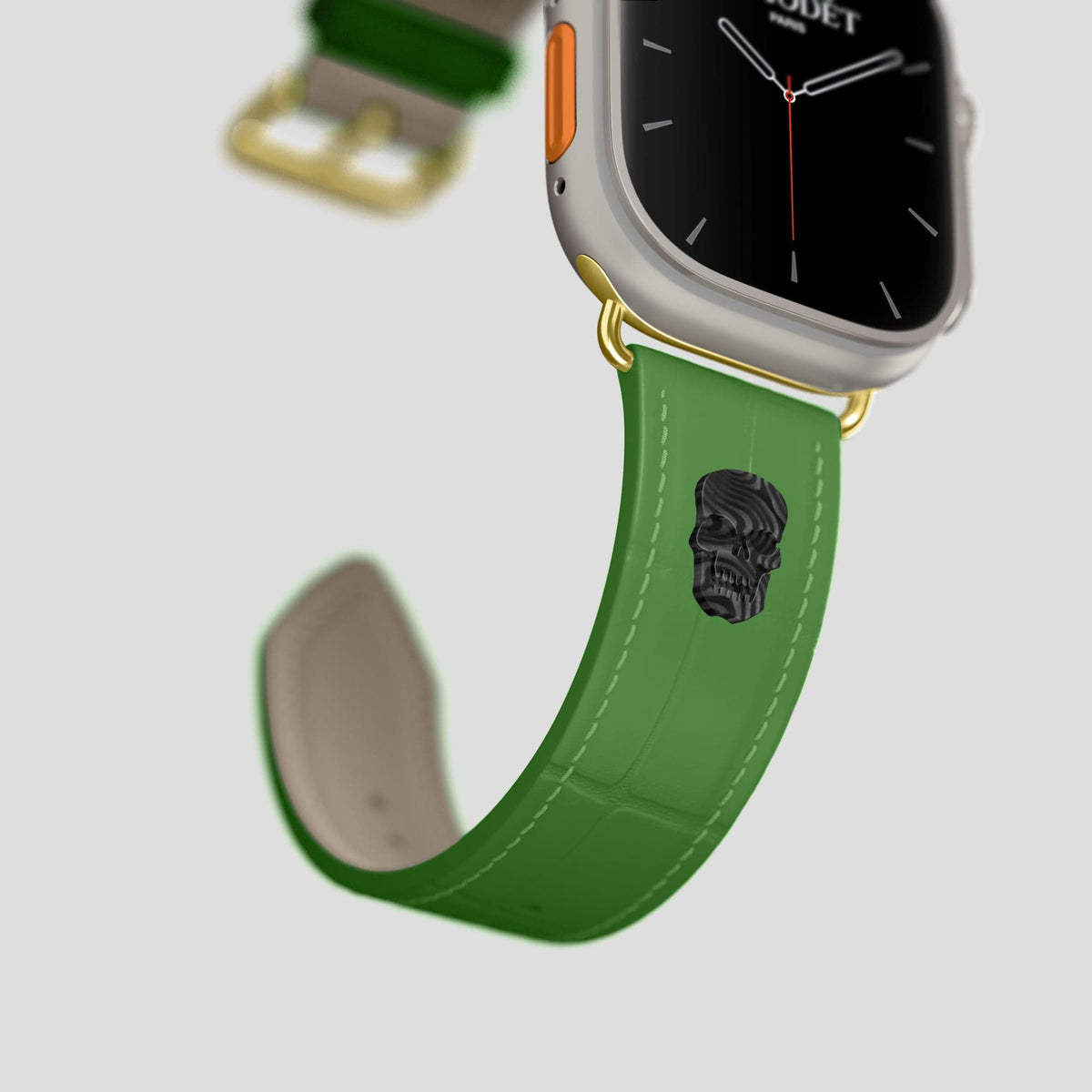 Apple-Green Apple Watch Ultra Classic Strap with Carbon Skull Alligator with Gold Metal -4 | Apple-Green-Gold