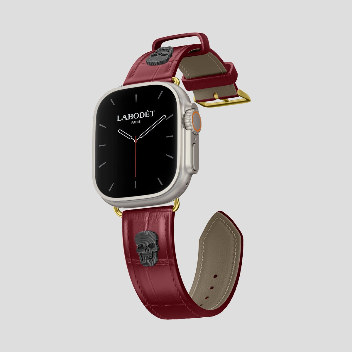 Burgundy Apple Watch Ultra Classic Strap with Carbon Skull Alligator with Gold Metal -1 | Burgundy-Gold
