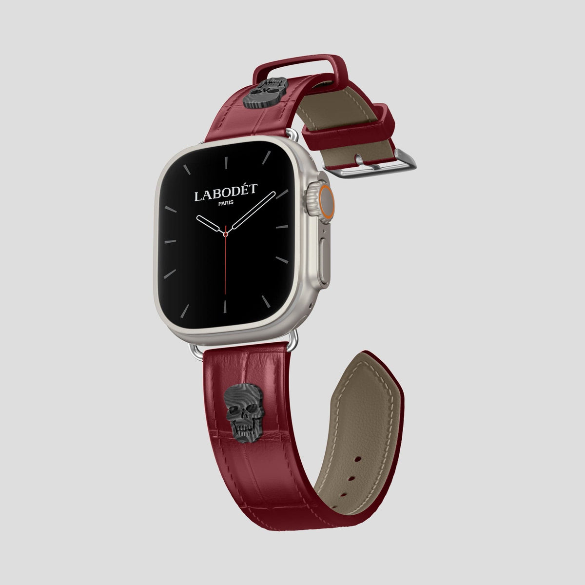 Burgundy Apple Watch Ultra Classic Strap with Carbon Skull Alligator with Steel Metal -1 | Burgundy-Steel