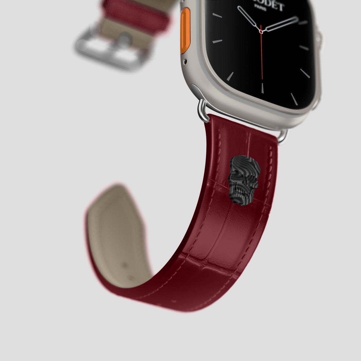 Burgundy Apple Watch Ultra Classic Strap with Carbon Skull Alligator with Steel Metal -4 | Burgundy-Steel
