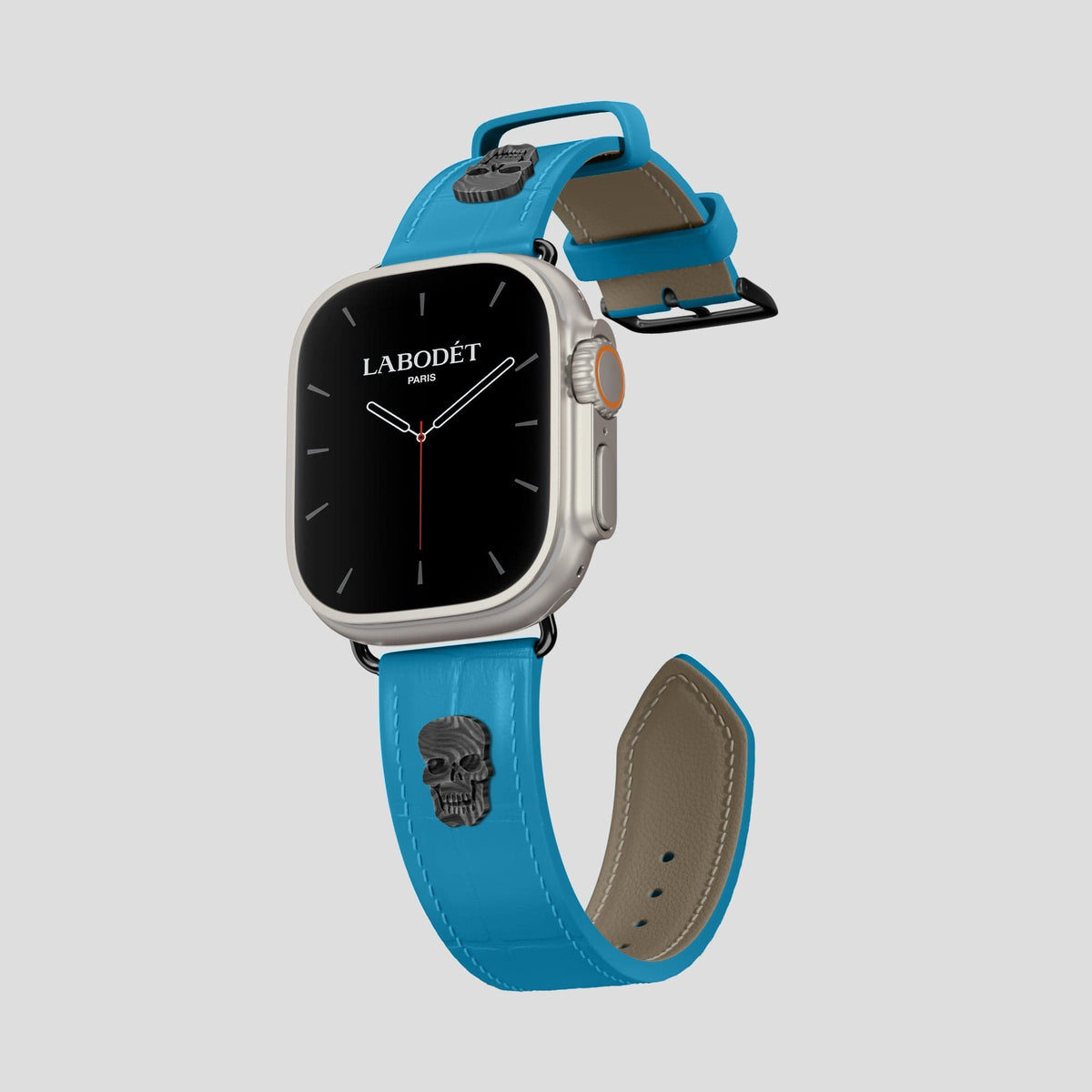 Curaçao-Blue Apple Watch Ultra Classic Strap with Carbon Skull Alligator with Black Metal -1 | Curaçao-Blue-Black