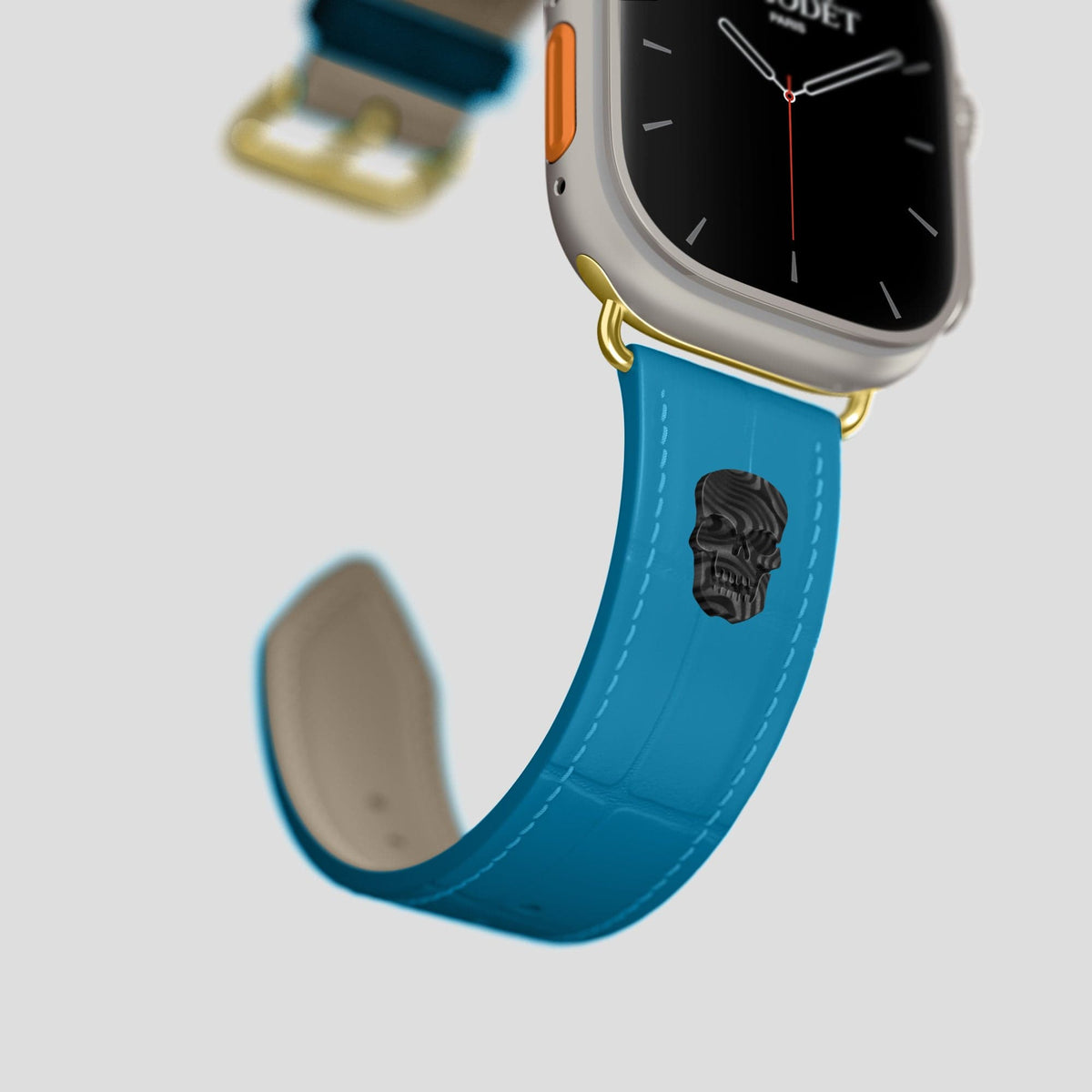 Curaçao-Blue Apple Watch Ultra Classic Strap with Carbon Skull Alligator with Gold Metal -4 | Curaçao-Blue-Gold