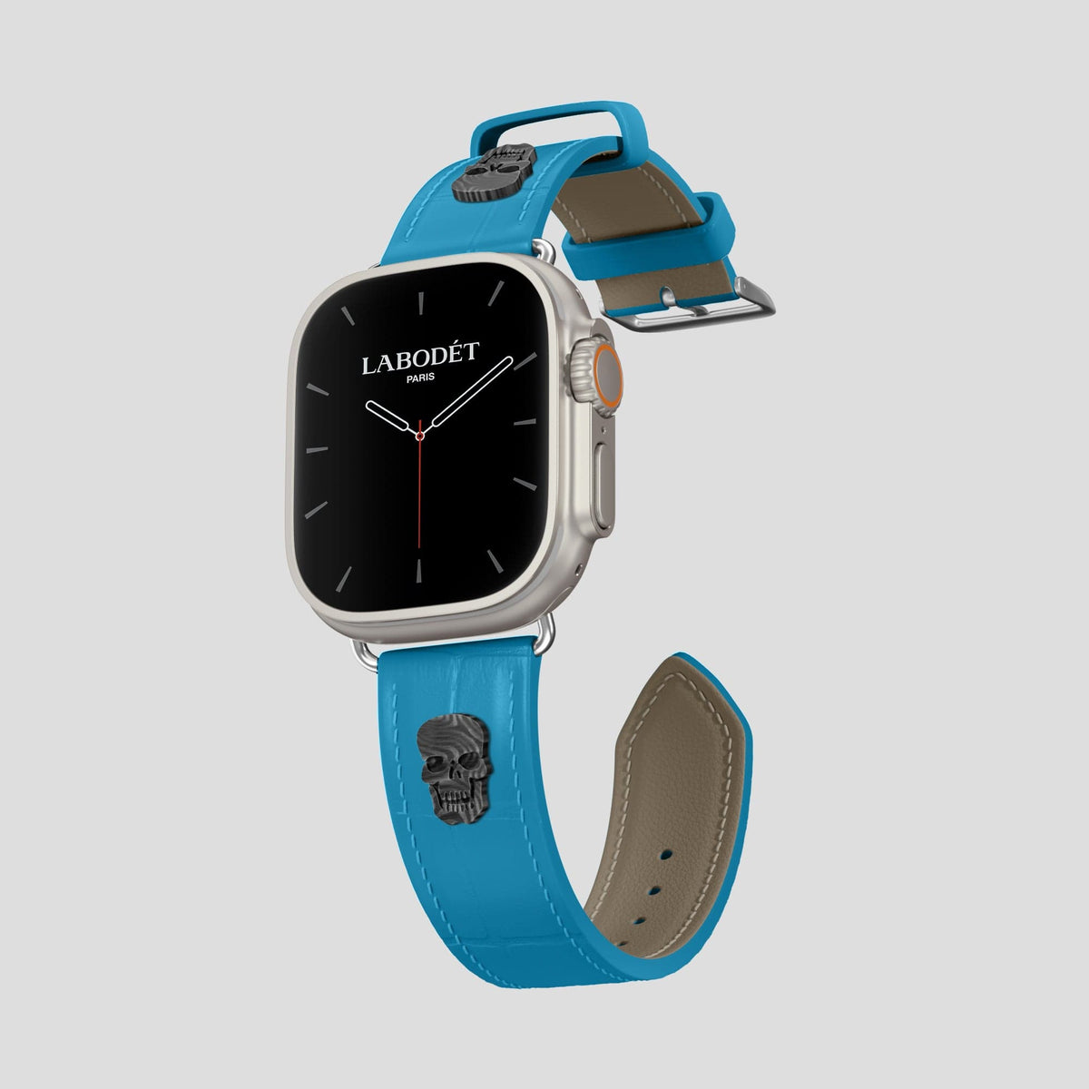 Curaçao-Blue Apple Watch Ultra Classic Strap with Carbon Skull Alligator with Steel Metal -1 | Curaçao-Blue-Steel