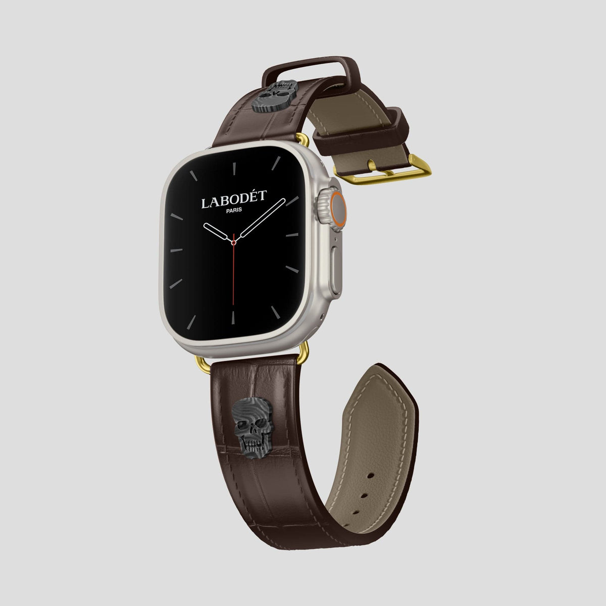 Dark Brown Apple Watch Ultra Classic Strap with Carbon Skull Alligator with Gold Metal -1 | Dark-Brown-Gold