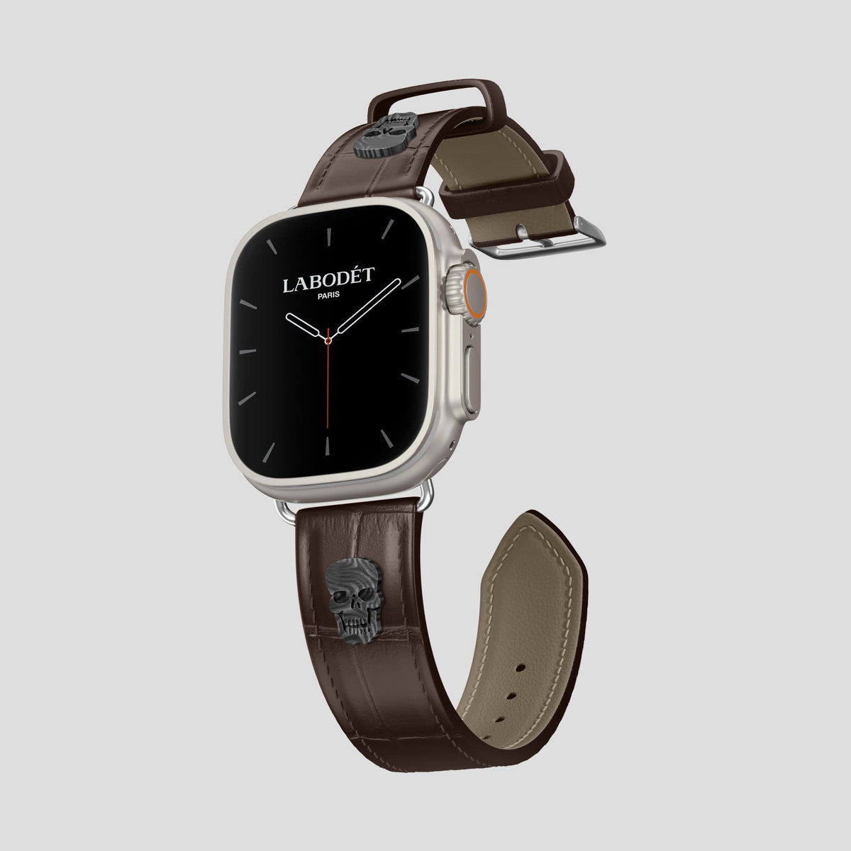 Dark Brown Apple Watch Ultra Classic Strap with Carbon Skull Alligator with Steel Metal -1 | Dark-Brown-Steel