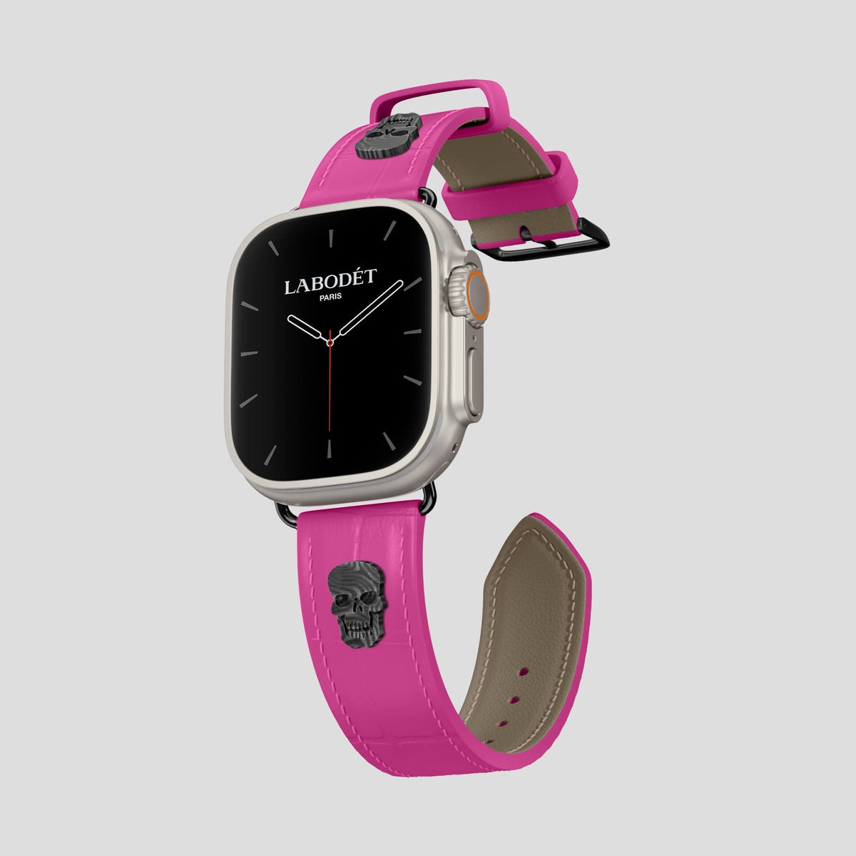 Fuchsia Apple Watch Ultra Classic Strap with Carbon Skull Alligator with Black Metal -1 | Fuchsia-Black