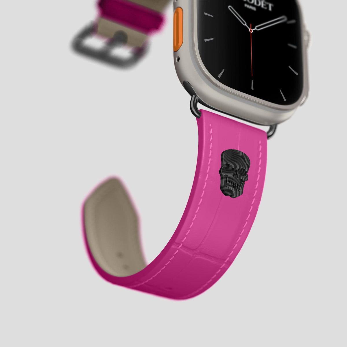 Fuchsia Apple Watch Ultra Classic Strap with Carbon Skull Alligator with Black Metal -4 | Fuchsia-Black