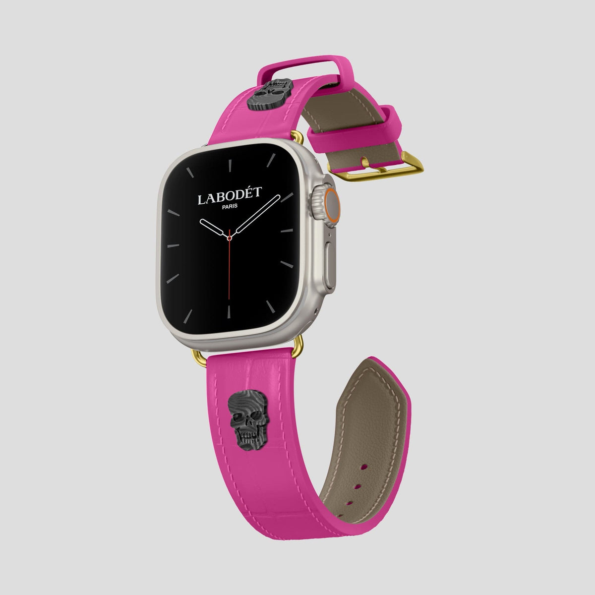 Fuchsia Apple Watch Ultra Classic Strap with Carbon Skull Alligator with Gold Metal -1 | Fuchsia-Gold